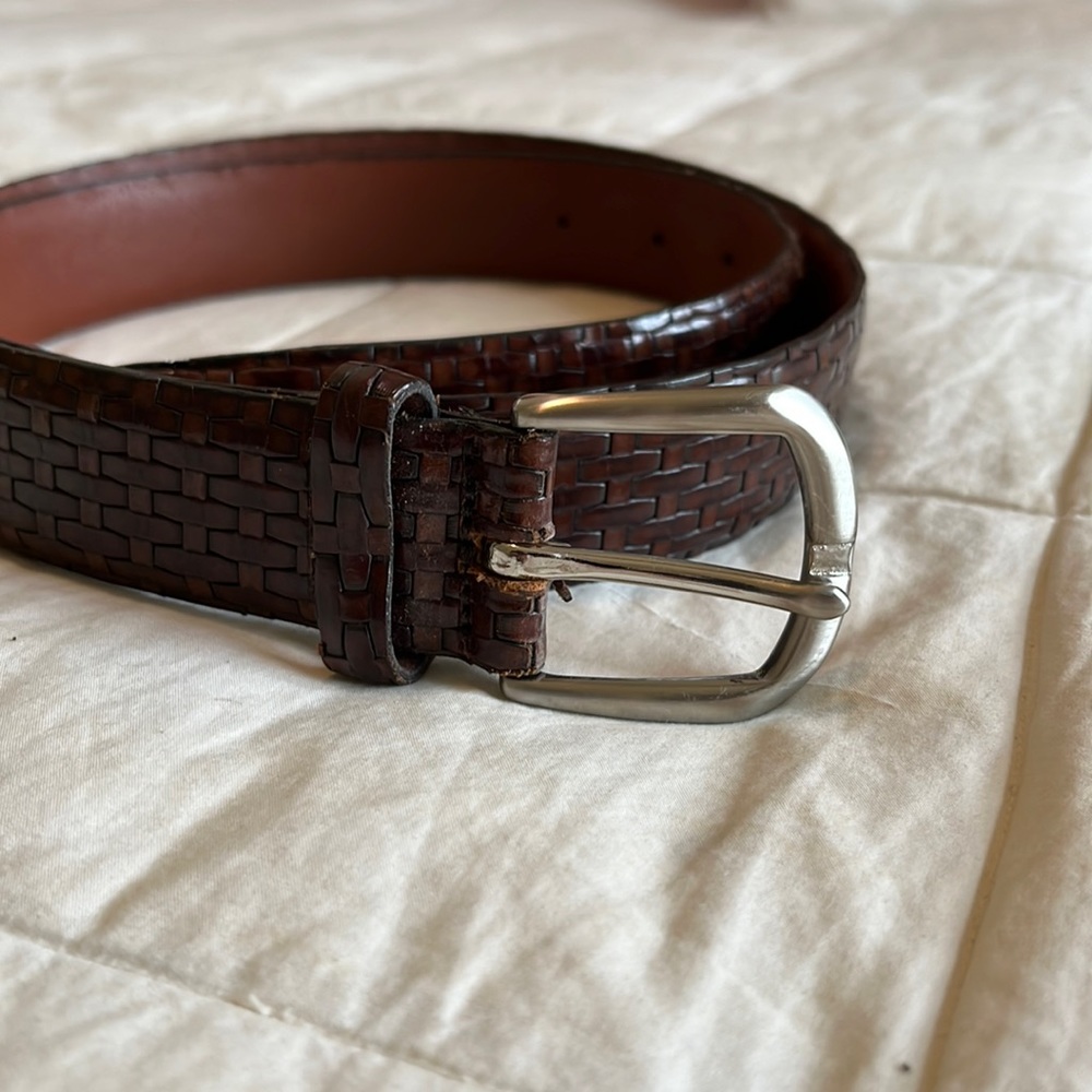 Hickey-Freeman genuine leather brown woven pattern belt